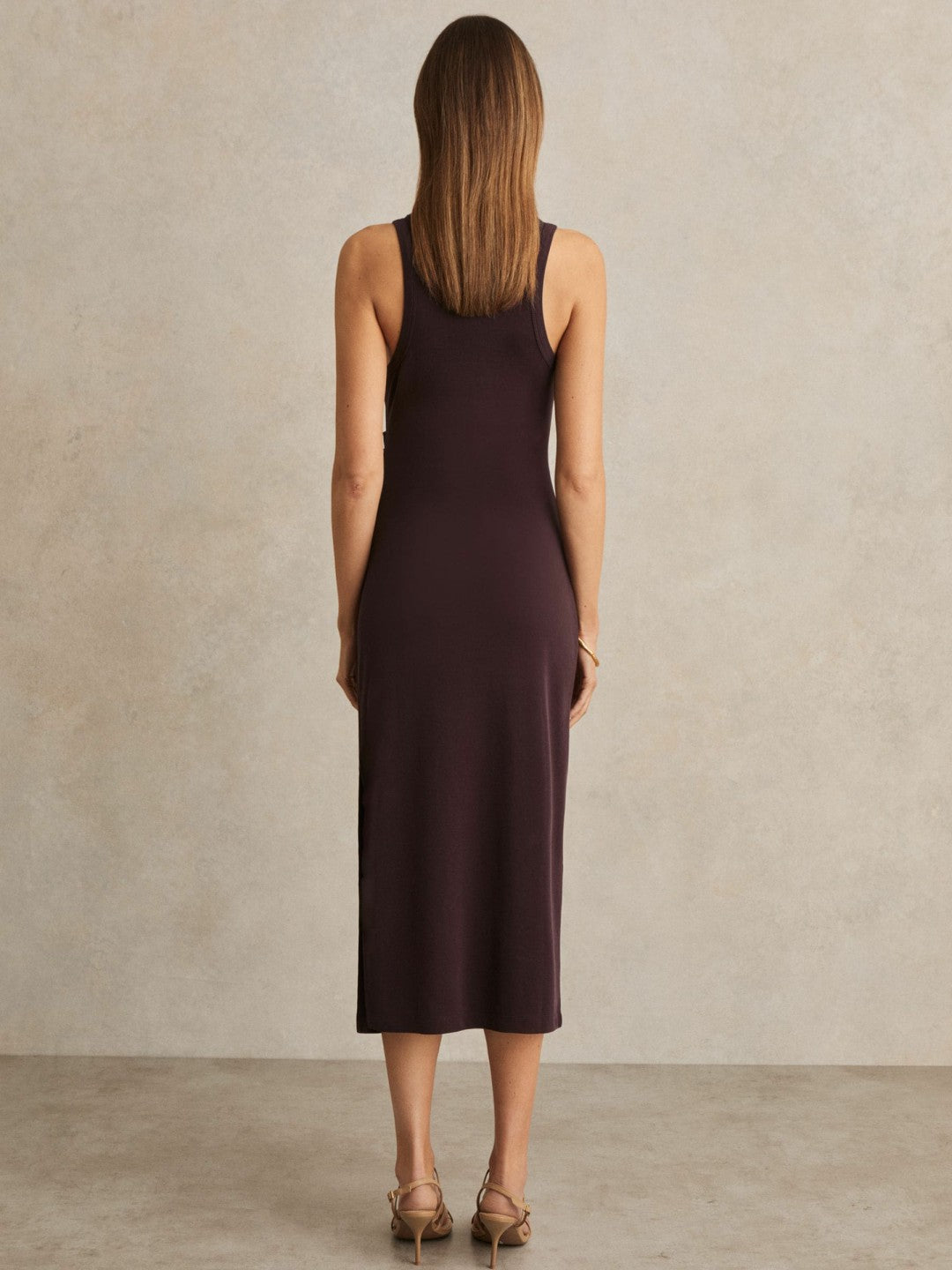 Reiss Jersey Ruched Racer Midi Dress in Burgundy