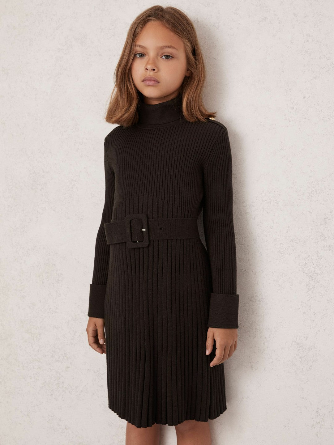 Reiss 9-13 yrs Rib-Knit Roll-Neck Belted Dress in Chocolate