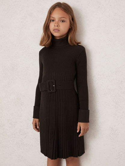 Reiss 9-13 yrs Rib-Knit Roll-Neck Belted Dress in Chocolate