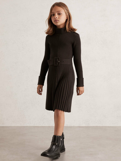 Reiss 9-13 yrs Rib-Knit Roll-Neck Belted Dress in Chocolate