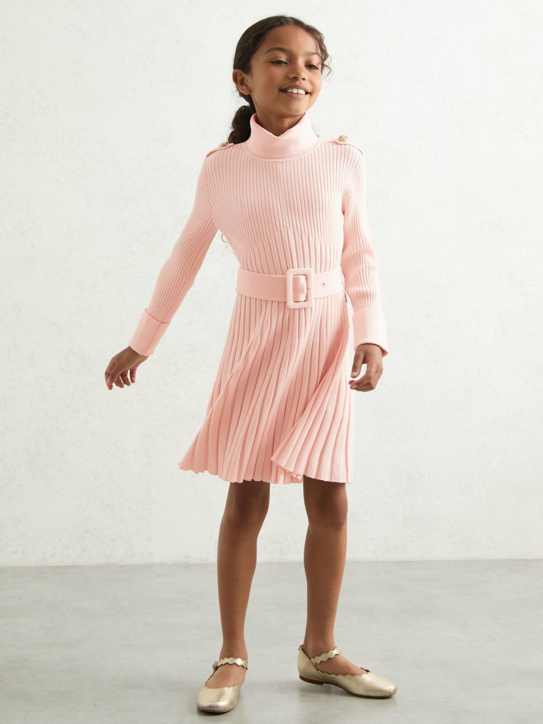 Reiss Offer - 9-13 yrs Rib-Knit Roll-Neck Belted Dress in Pink