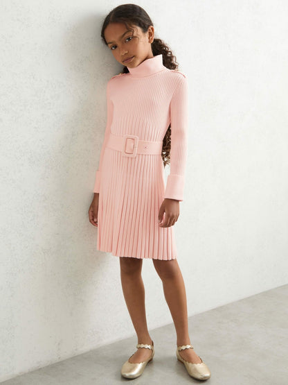Reiss Offer - 9-13 yrs Rib-Knit Roll-Neck Belted Dress in Pink