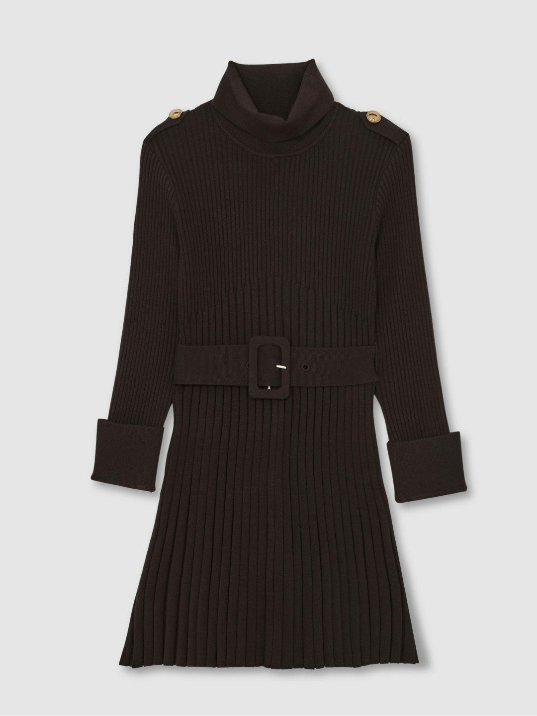 Reiss Offer - 13-14 yrs Rib-Knit Roll-Neck Belted Dress in Chocolate