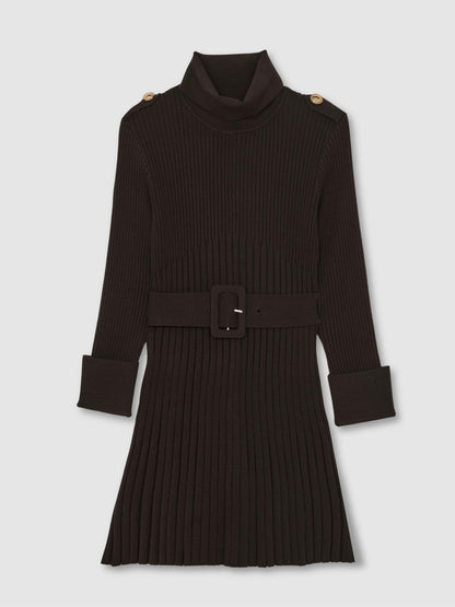 Reiss Offer - 13-14 yrs Rib-Knit Roll-Neck Belted Dress in Chocolate