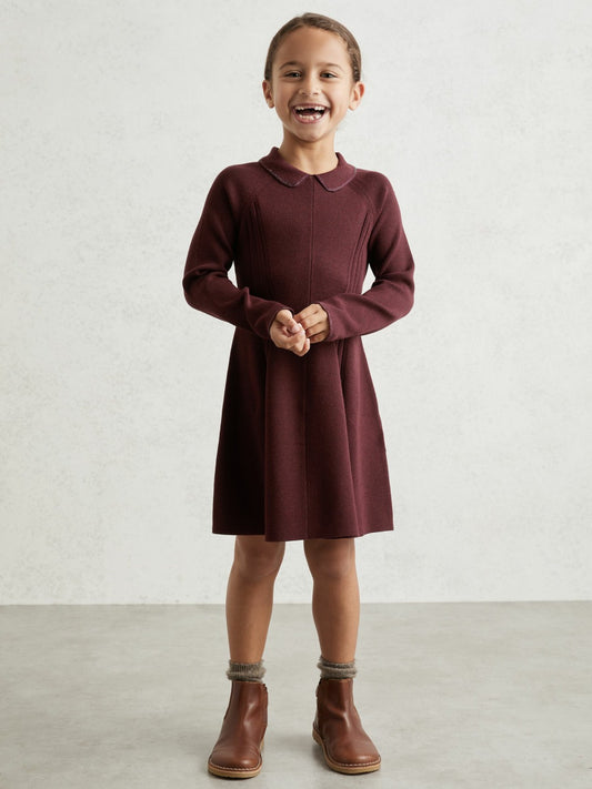 Reiss Deal - 9-13 yrs Embellished Collar Knitted Dress in Berry