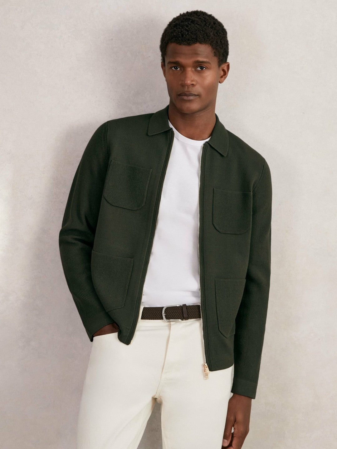 Reiss Four-Pocket Zip-Through Cardigan in Forest Green