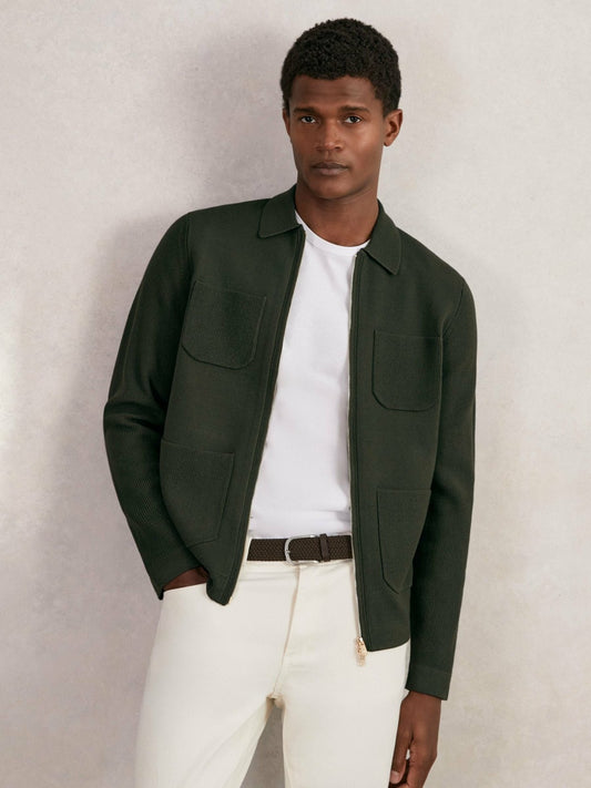 Reiss Deal - Four-Pocket Zip-Through Cardigan in Forest Green