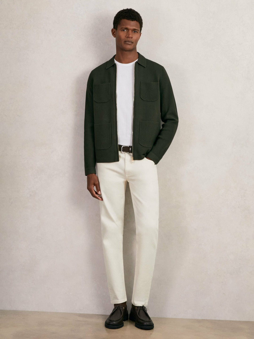 Reiss Four-Pocket Zip-Through Cardigan in Forest Green