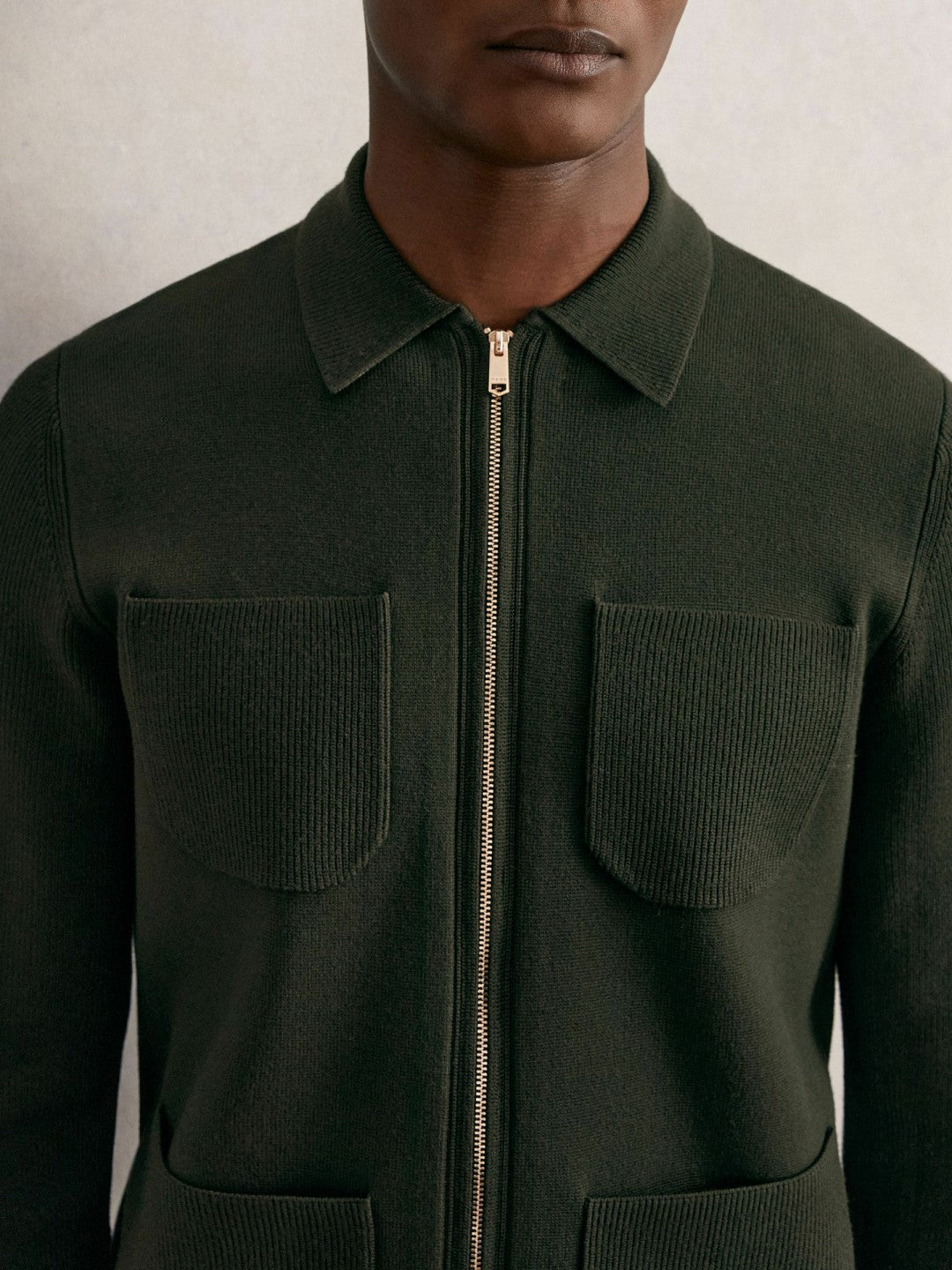 Reiss Four-Pocket Zip-Through Cardigan in Forest Green