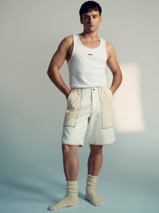 Reiss Affordable - | Tom Daley Crochet Denim Shorts in Off White