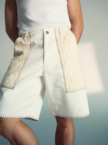 Reiss Affordable - | Tom Daley Crochet Denim Shorts in Off White