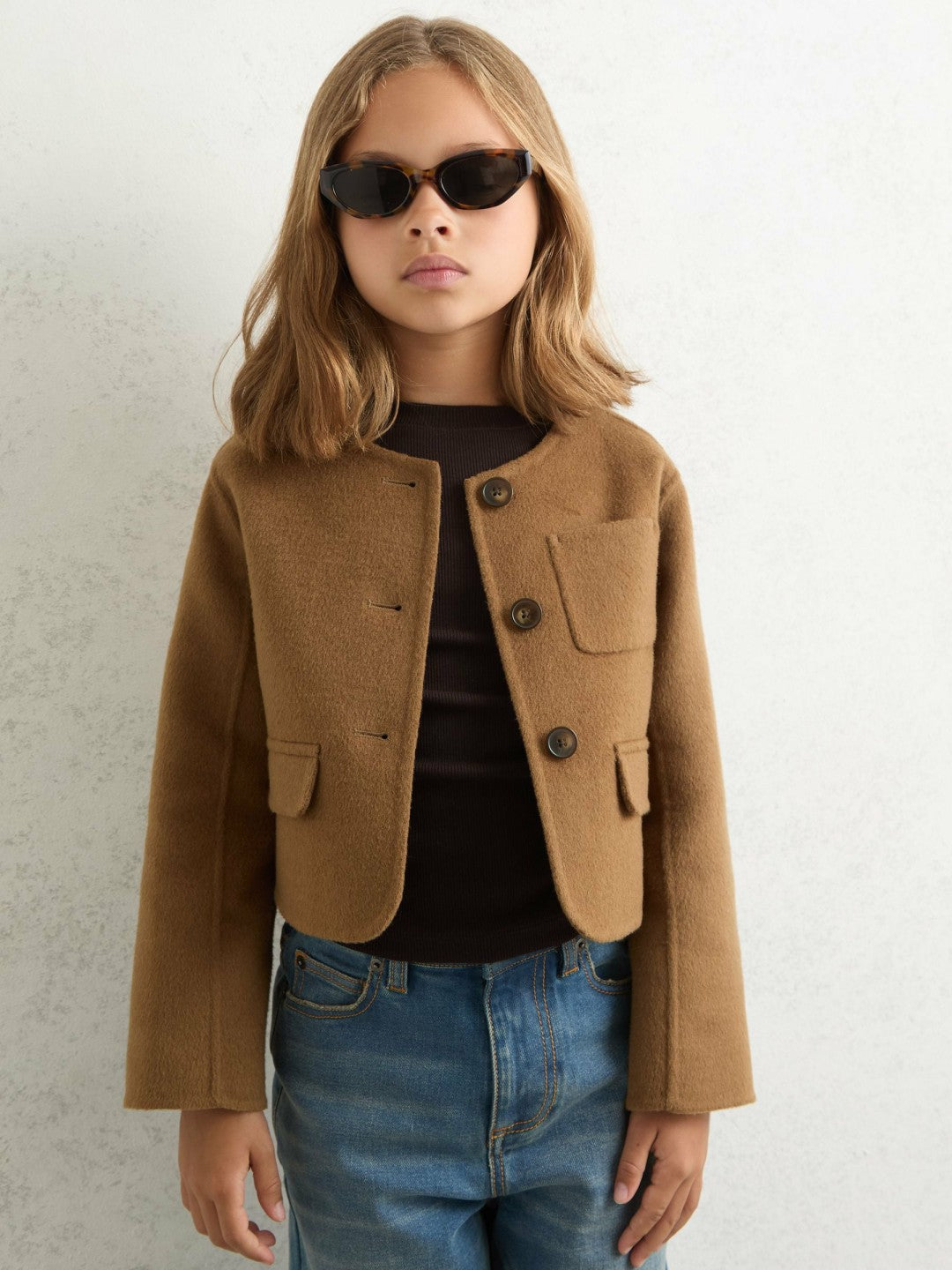 Reiss Sale - 9-13 yrs Wool-Blend Cropped Collarless Jacket in Camel
