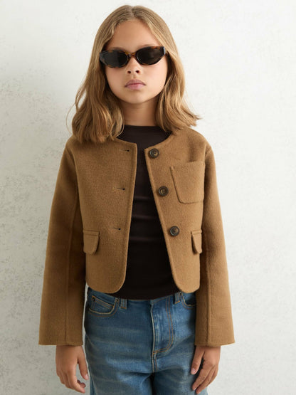 Reiss Sale - 9-13 yrs Wool-Blend Cropped Collarless Jacket in Camel
