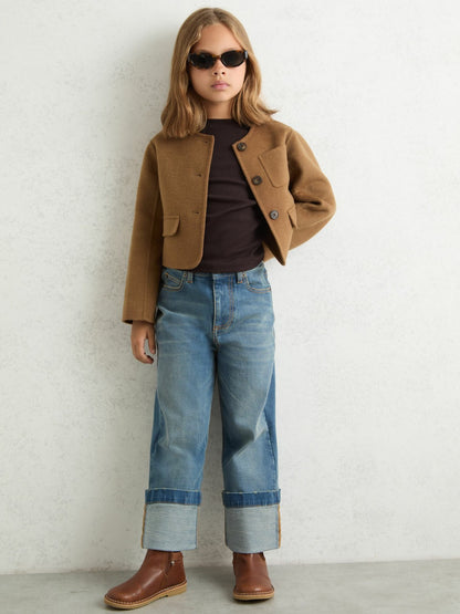 Reiss Sale - 9-13 yrs Wool-Blend Cropped Collarless Jacket in Camel