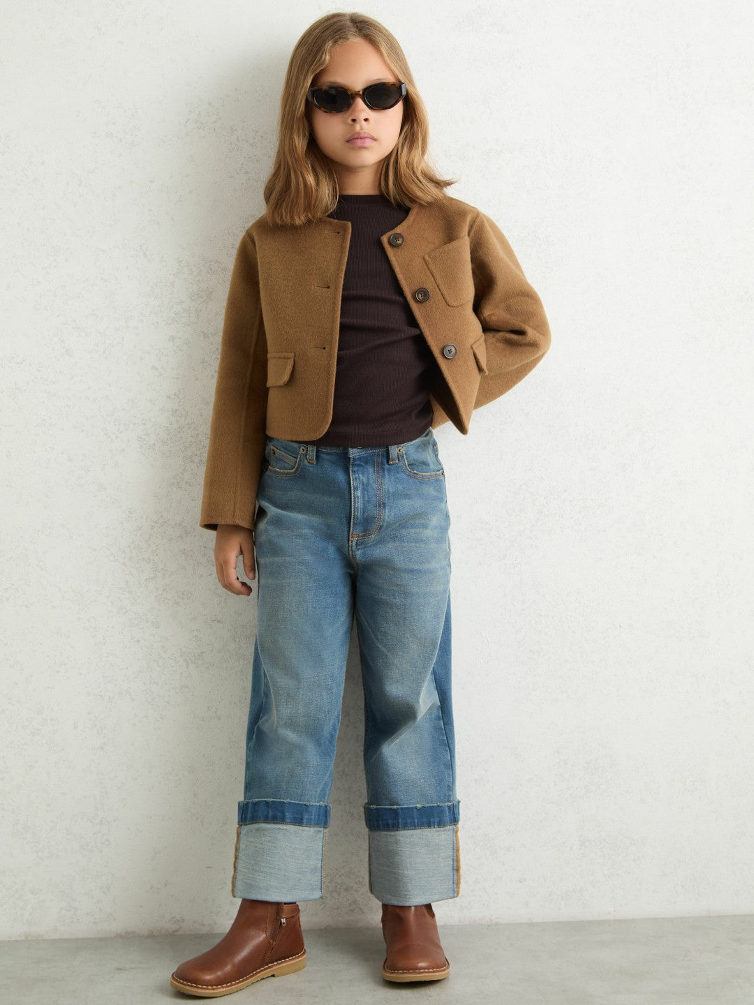 Reiss Best Seller - 3-9 yrs Wool-Blend Cropped Collarless Jacket in Camel