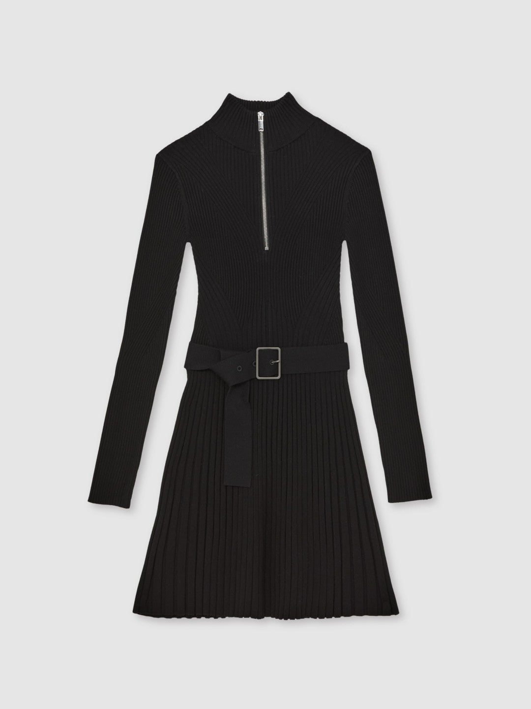 Reiss Rib-Knit Belted Half-Zip Flippy Dress in Black