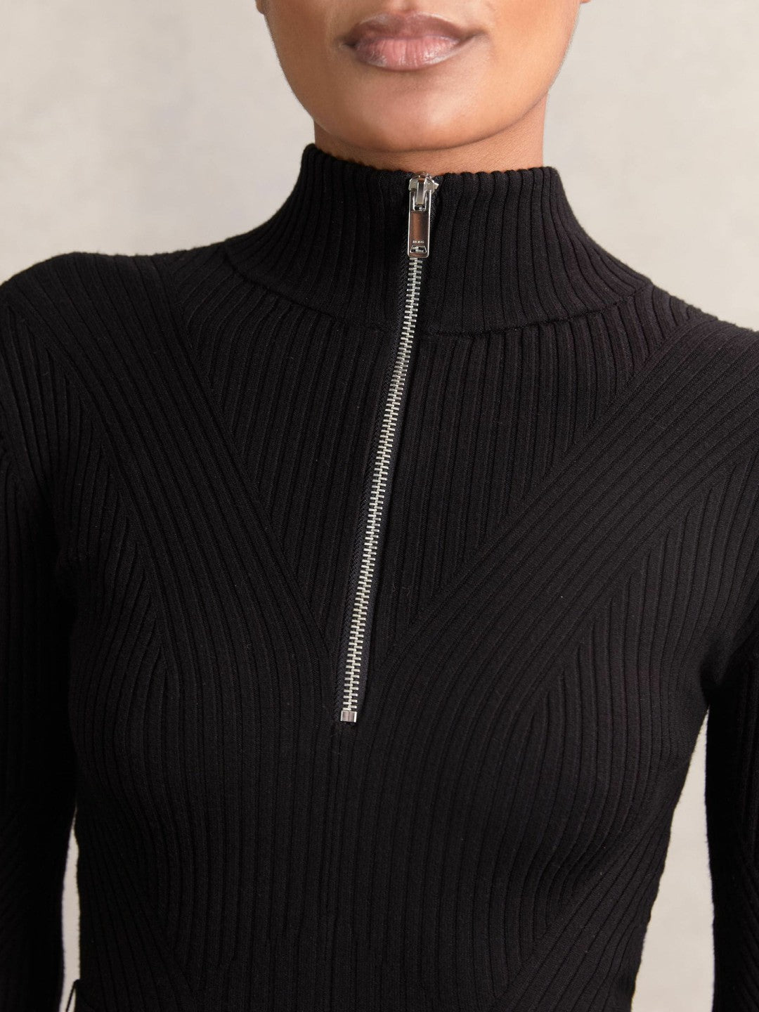 Reiss Rib-Knit Belted Half-Zip Flippy Dress in Black