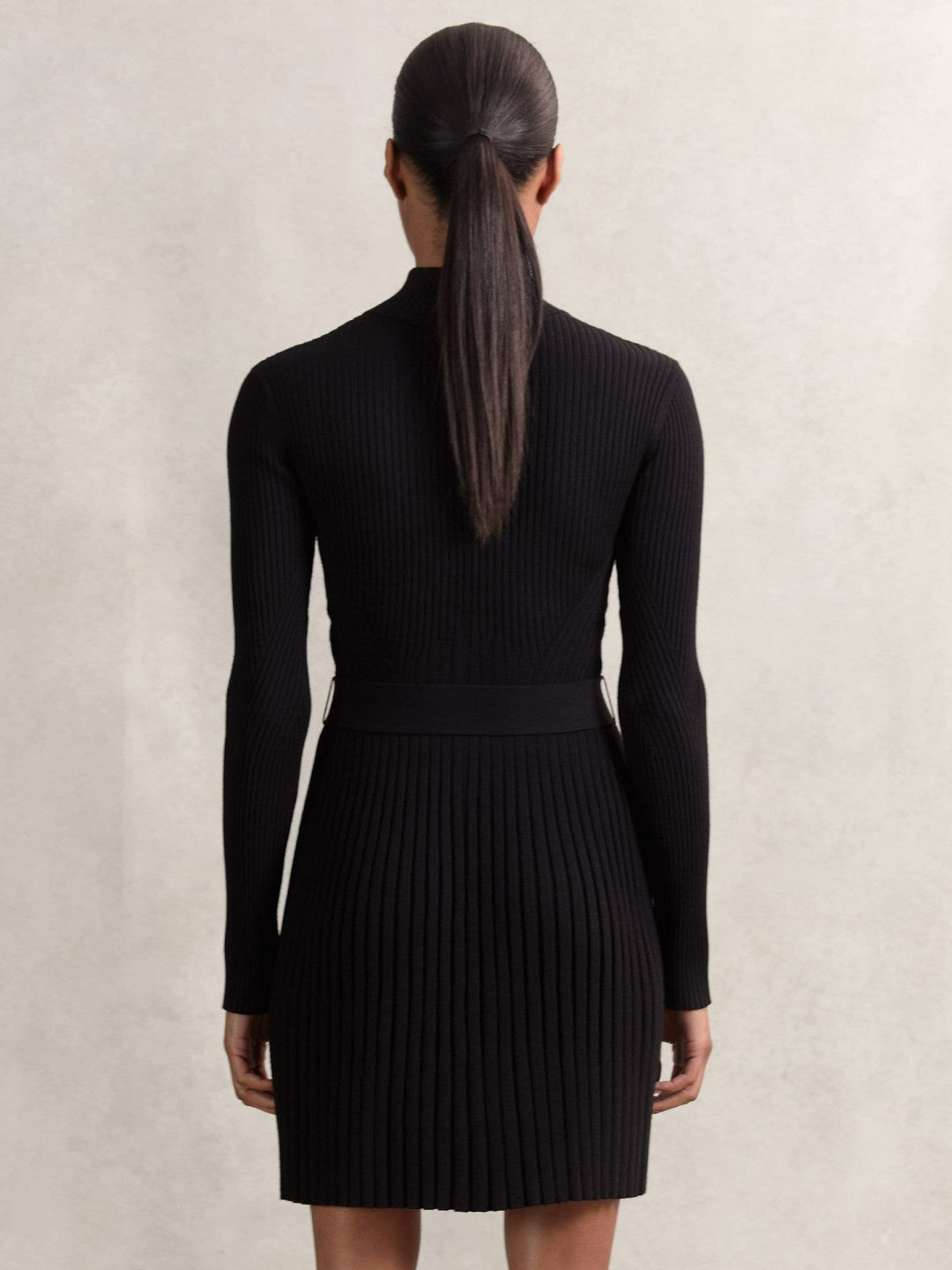 Reiss Rib-Knit Belted Half-Zip Flippy Dress in Black