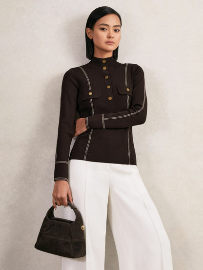 Reiss Sale - Contrast-Stitch Knit Top in Burgundy