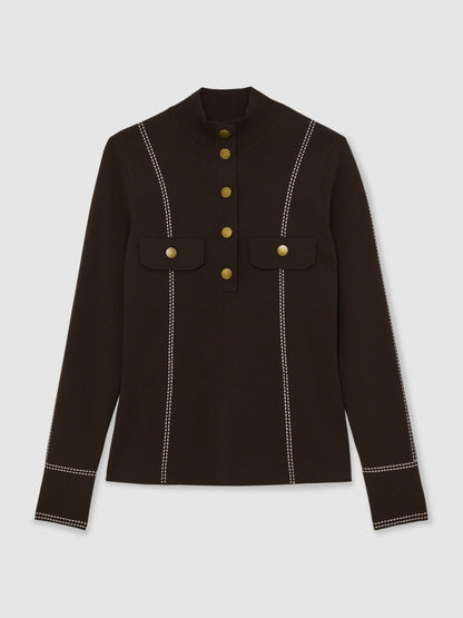 Reiss Sale - Contrast-Stitch Knit Top in Burgundy