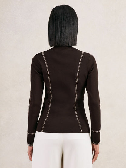 Reiss Sale - Contrast-Stitch Knit Top in Burgundy