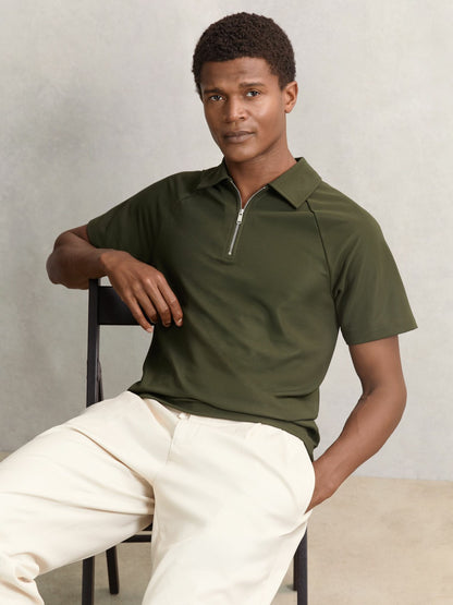 Reiss Savings - Textured Raglan Half-Zip Polo Shirt in Green