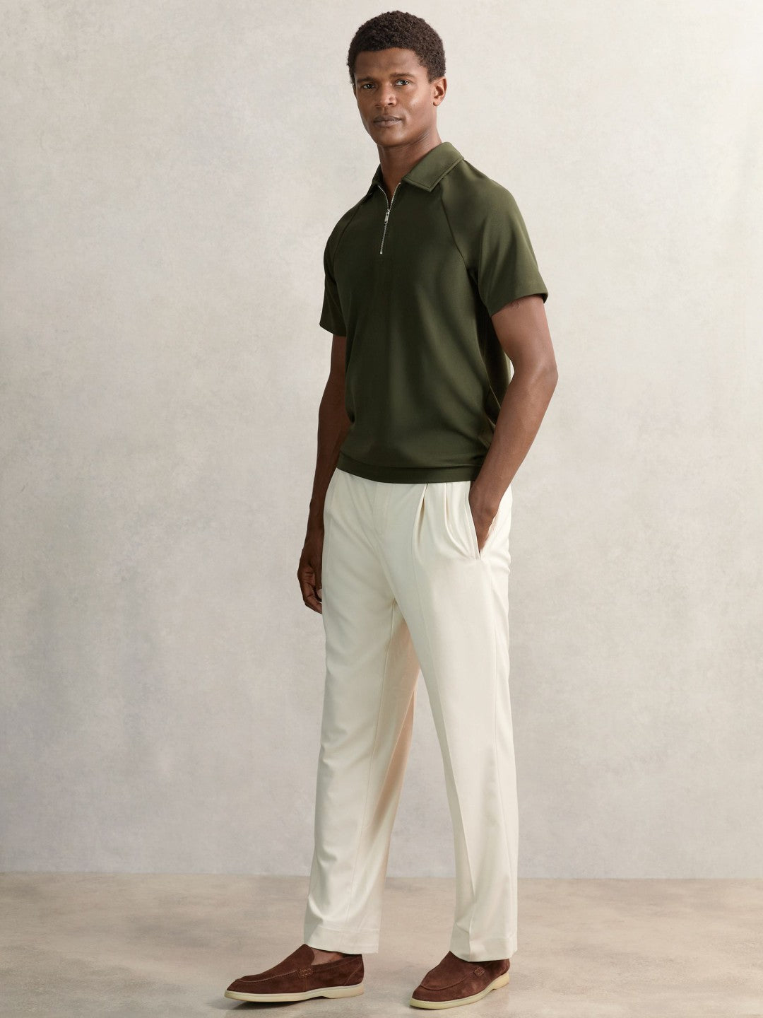 Reiss Savings - Textured Raglan Half-Zip Polo Shirt in Green