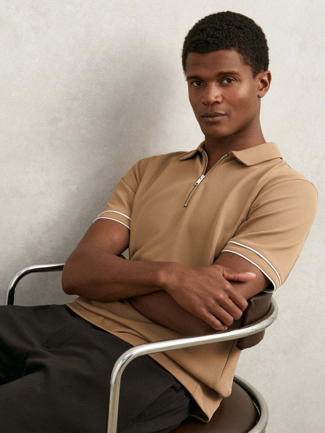 Reiss Value - Textured Half-Zip Tipped Polo Shirt in Camel