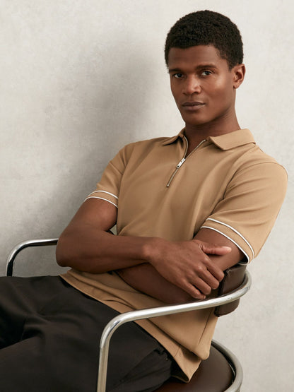 Reiss Value - Textured Half-Zip Tipped Polo Shirt in Camel