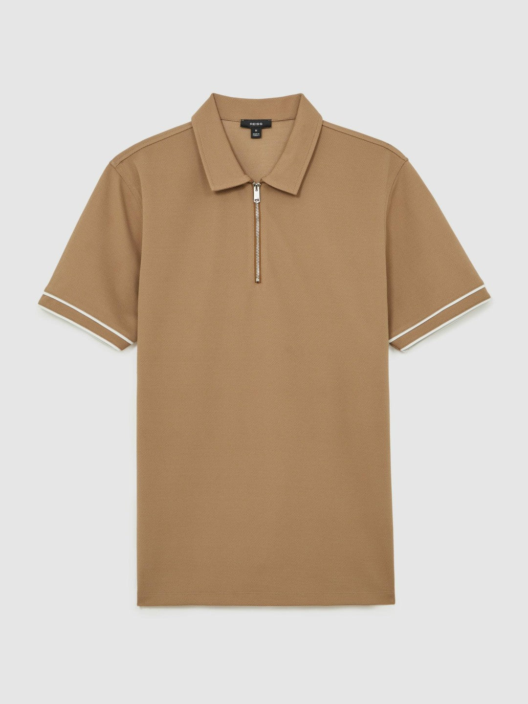 Reiss Value - Textured Half-Zip Tipped Polo Shirt in Camel