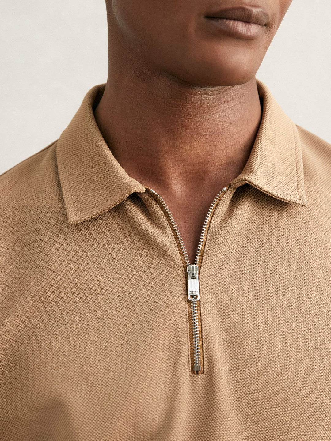 Reiss Value - Textured Half-Zip Tipped Polo Shirt in Camel