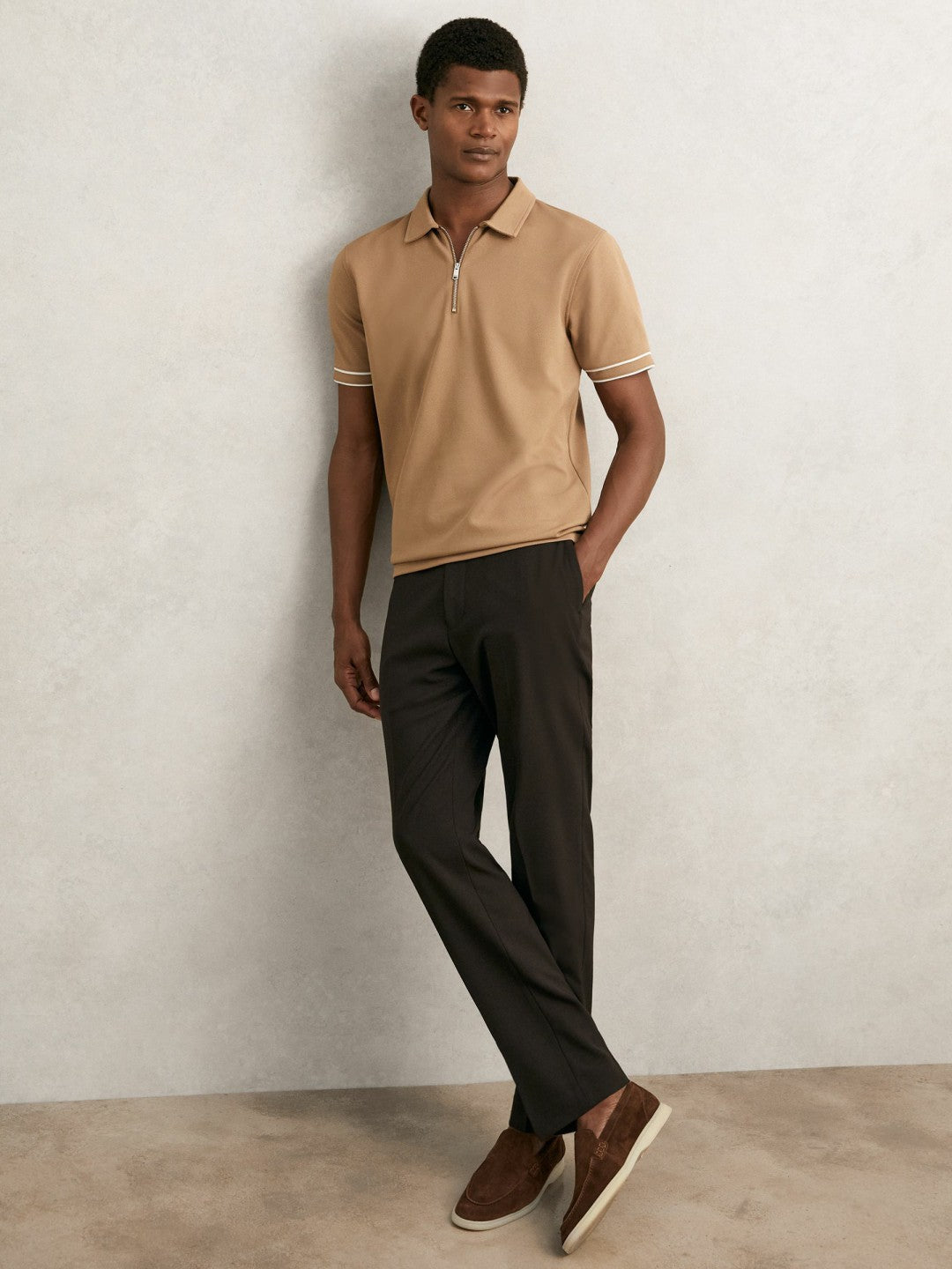 Reiss Value - Textured Half-Zip Tipped Polo Shirt in Camel