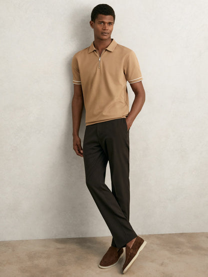 Reiss Value - Textured Half-Zip Tipped Polo Shirt in Camel