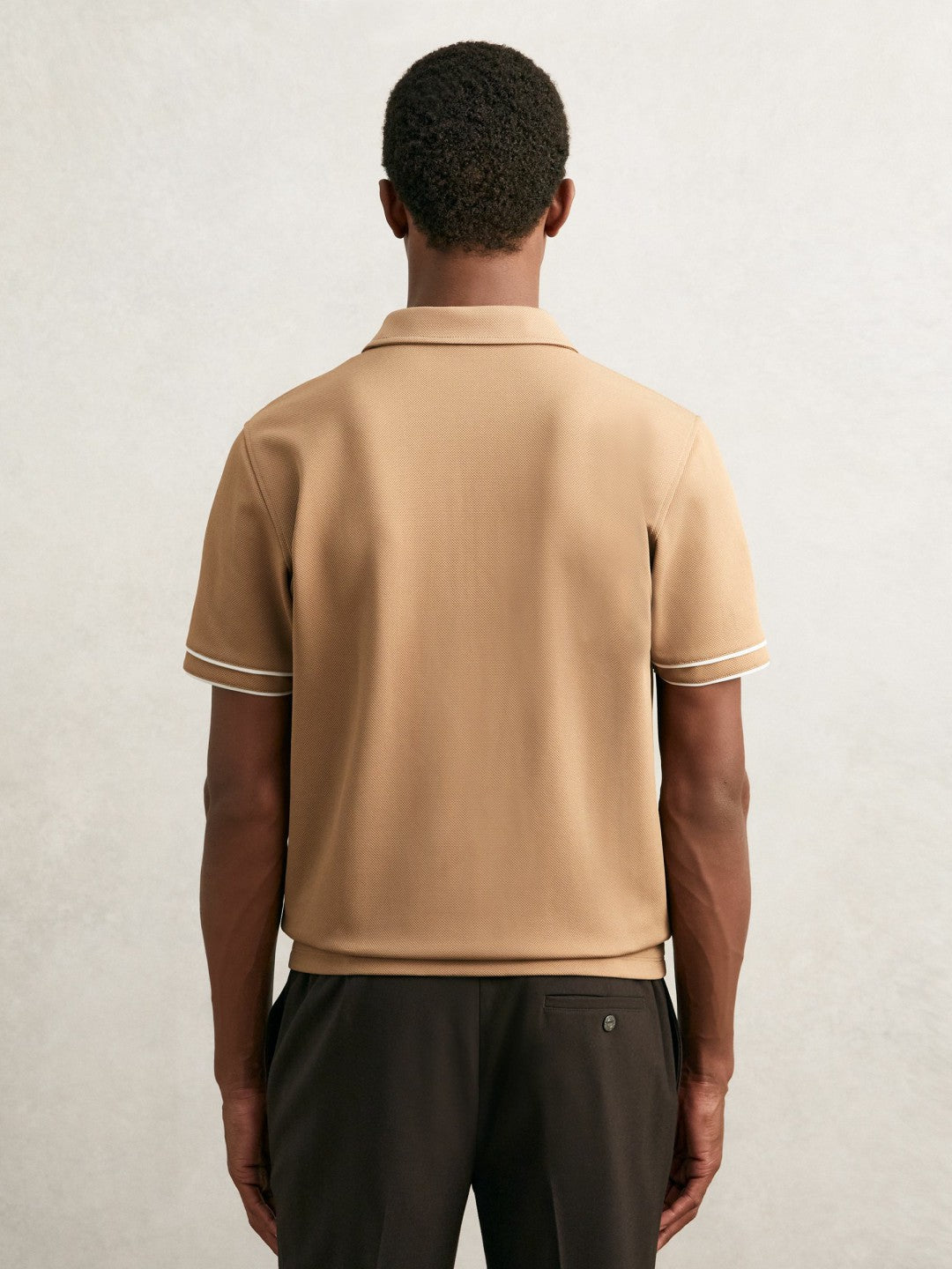 Reiss Value - Textured Half-Zip Tipped Polo Shirt in Camel