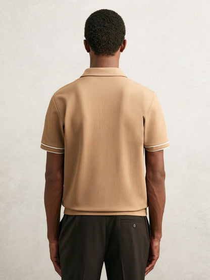 Reiss Value - Textured Half-Zip Tipped Polo Shirt in Camel