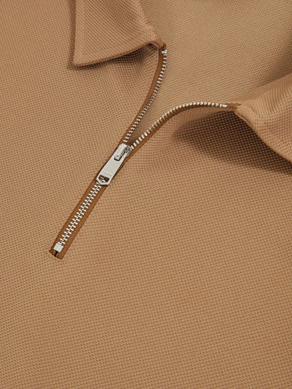 Reiss Value - Textured Half-Zip Tipped Polo Shirt in Camel
