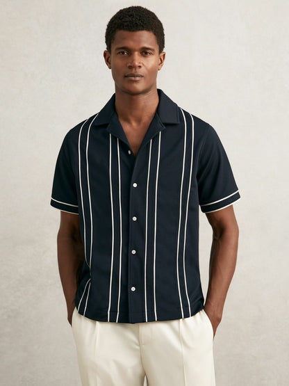 Reiss Featured - Piped-Stripe Cuban-Collar Shirt in Navy/White