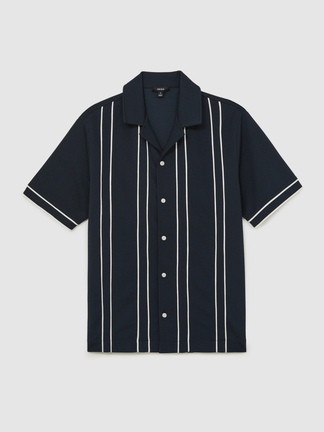 Reiss Featured - Piped-Stripe Cuban-Collar Shirt in Navy/White