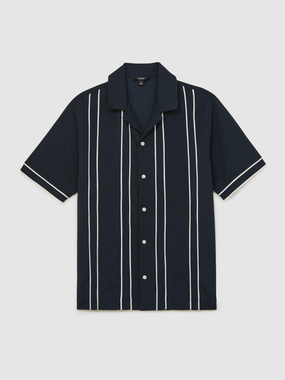 Reiss Featured - Piped-Stripe Cuban-Collar Shirt in Navy/White