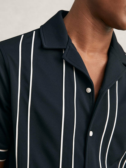 Reiss Featured - Piped-Stripe Cuban-Collar Shirt in Navy/White