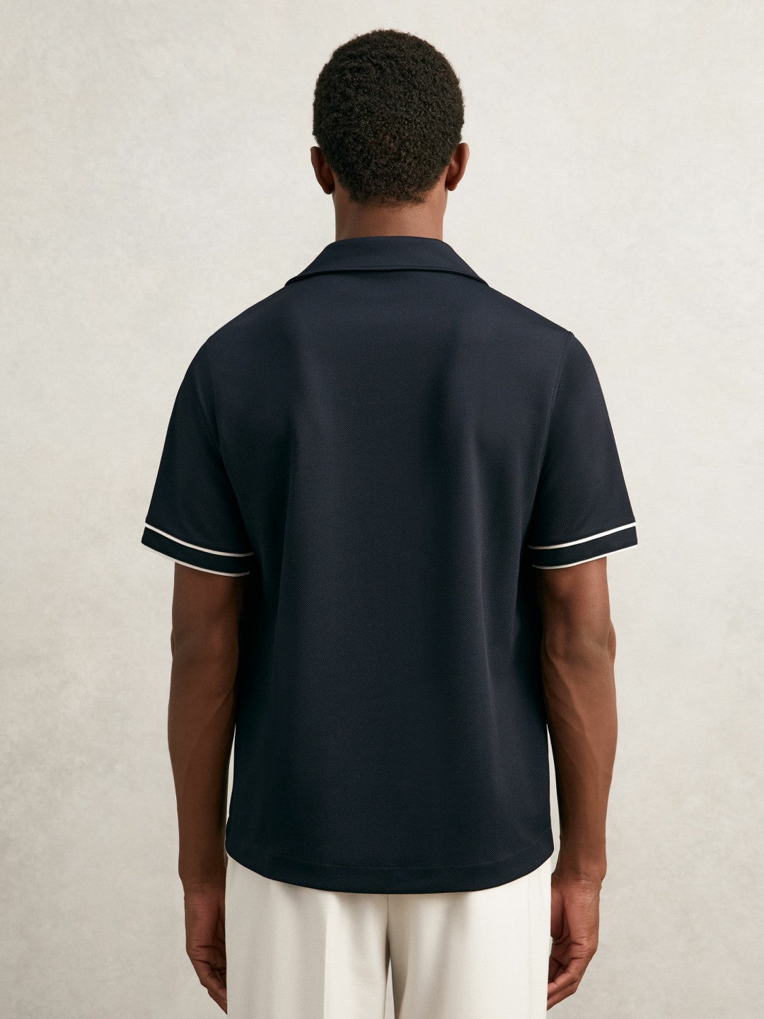 Reiss Featured - Piped-Stripe Cuban-Collar Shirt in Navy/White