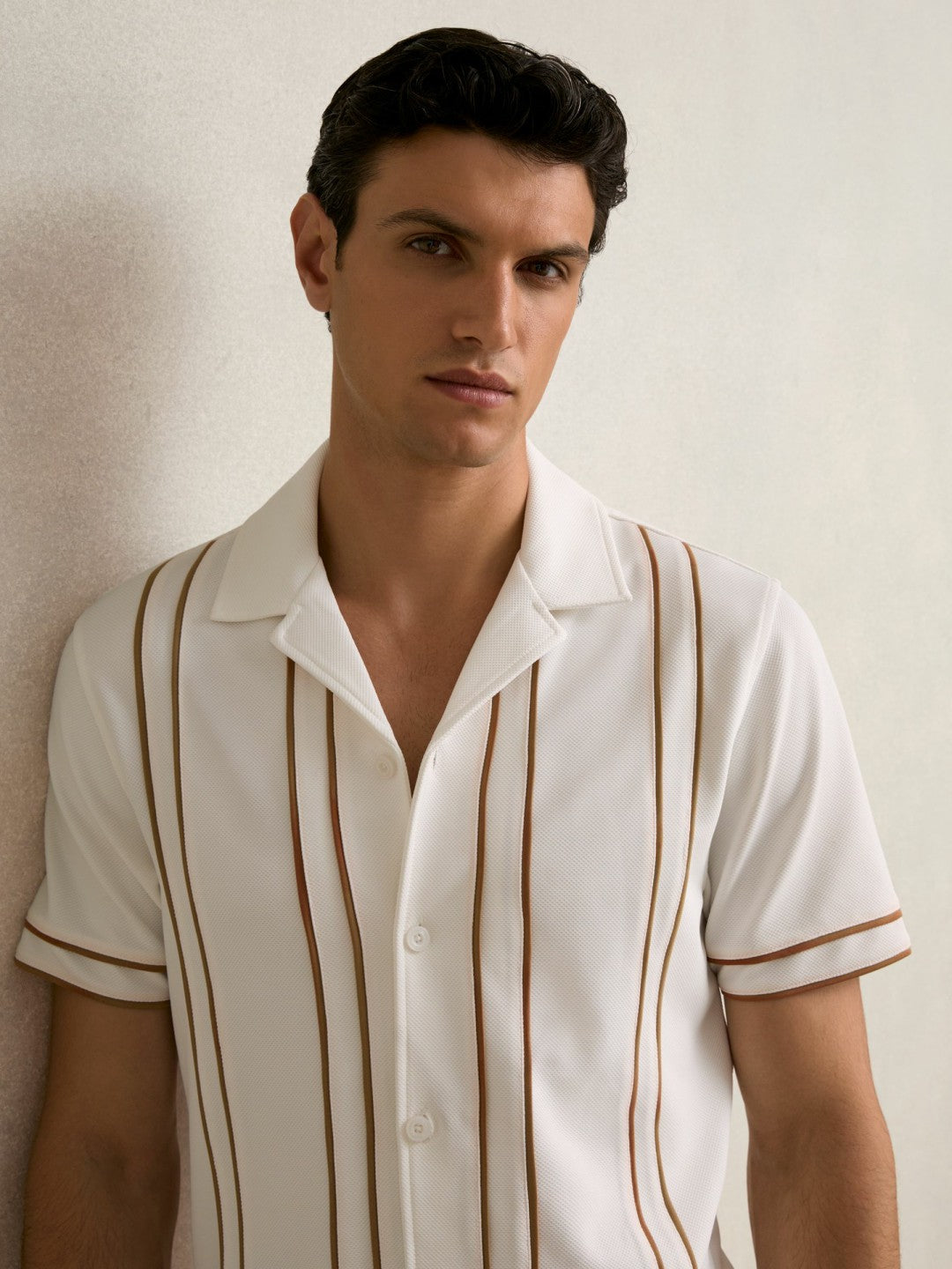 Reiss Best Seller - Piped-Stripe Cuban-Collar Shirt in White/Camel
