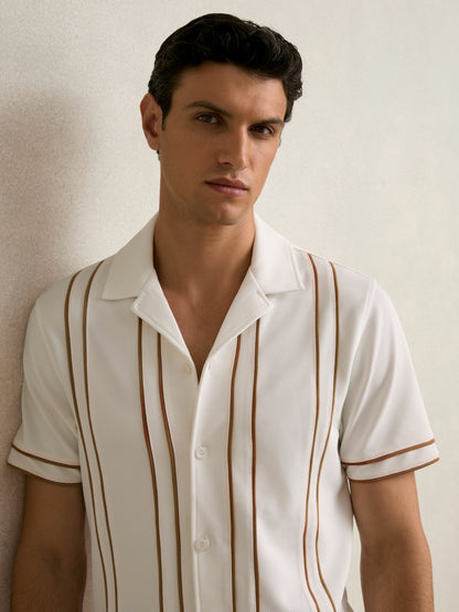 Reiss Best Seller - Piped-Stripe Cuban-Collar Shirt in White/Camel