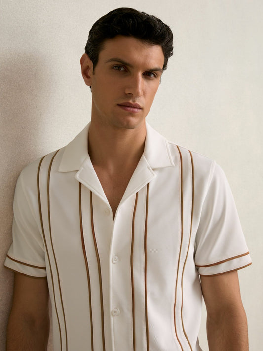 Reiss Best Seller - Piped-Stripe Cuban-Collar Shirt in White/Camel