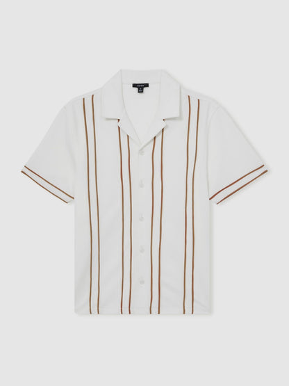 Reiss Best Seller - Piped-Stripe Cuban-Collar Shirt in White/Camel