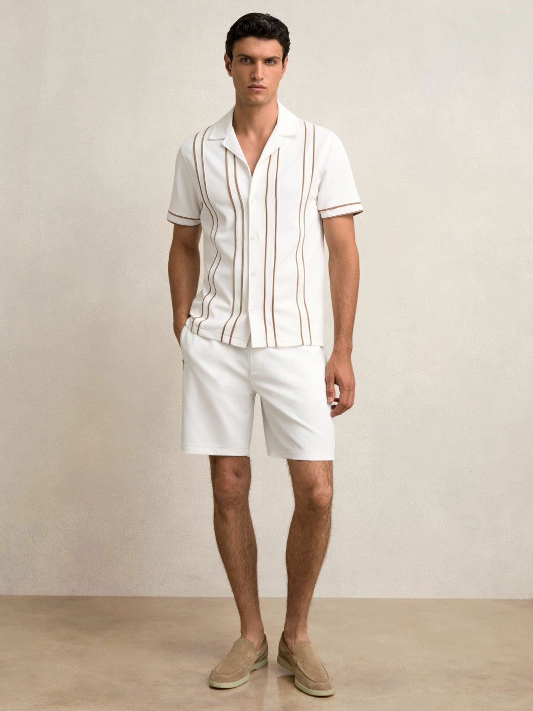 Reiss Best Seller - Piped-Stripe Cuban-Collar Shirt in White/Camel