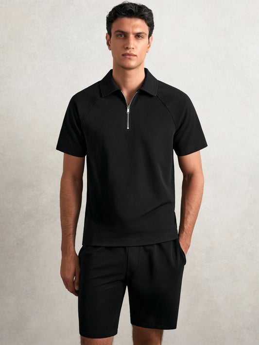 Reiss Savings - Textured Raglan Half-Zip Polo Shirt in Black