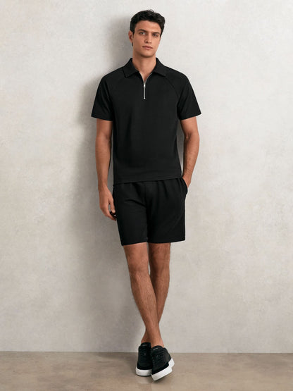 Reiss Savings - Textured Raglan Half-Zip Polo Shirt in Black