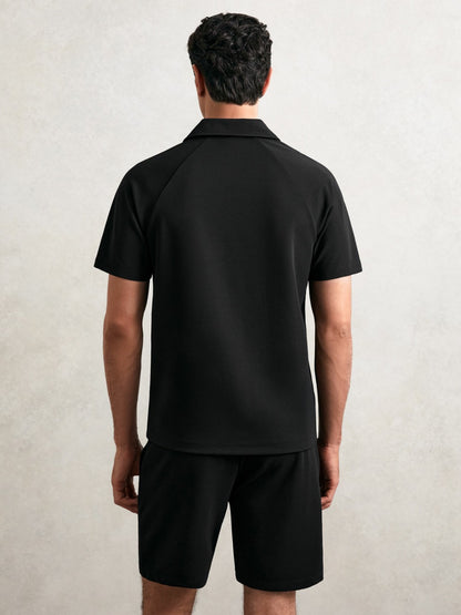 Reiss Savings - Textured Raglan Half-Zip Polo Shirt in Black