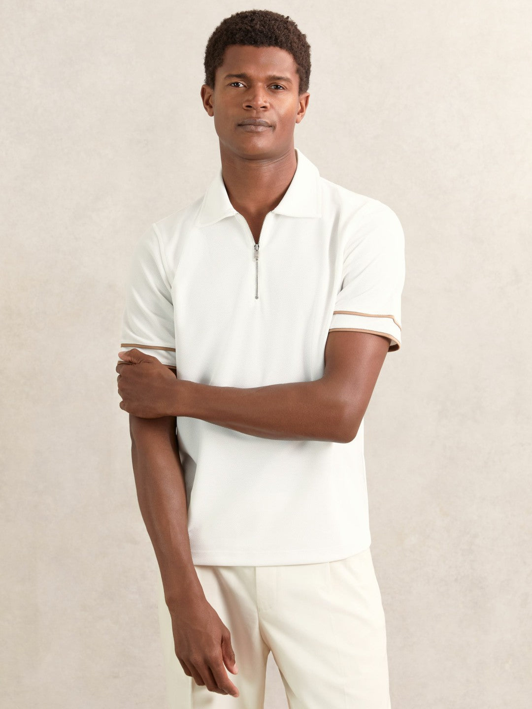Reiss Sale - Textured Half-Zip Tipped Polo Shirt in White